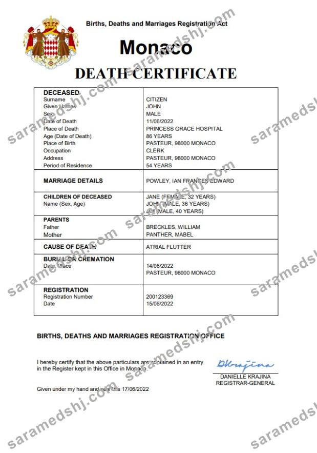 Monaco vital record death certificate Word and PDF template